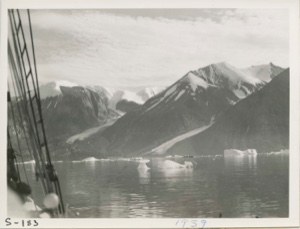 Image of Snow capped hills from rigging of Bowdoin
